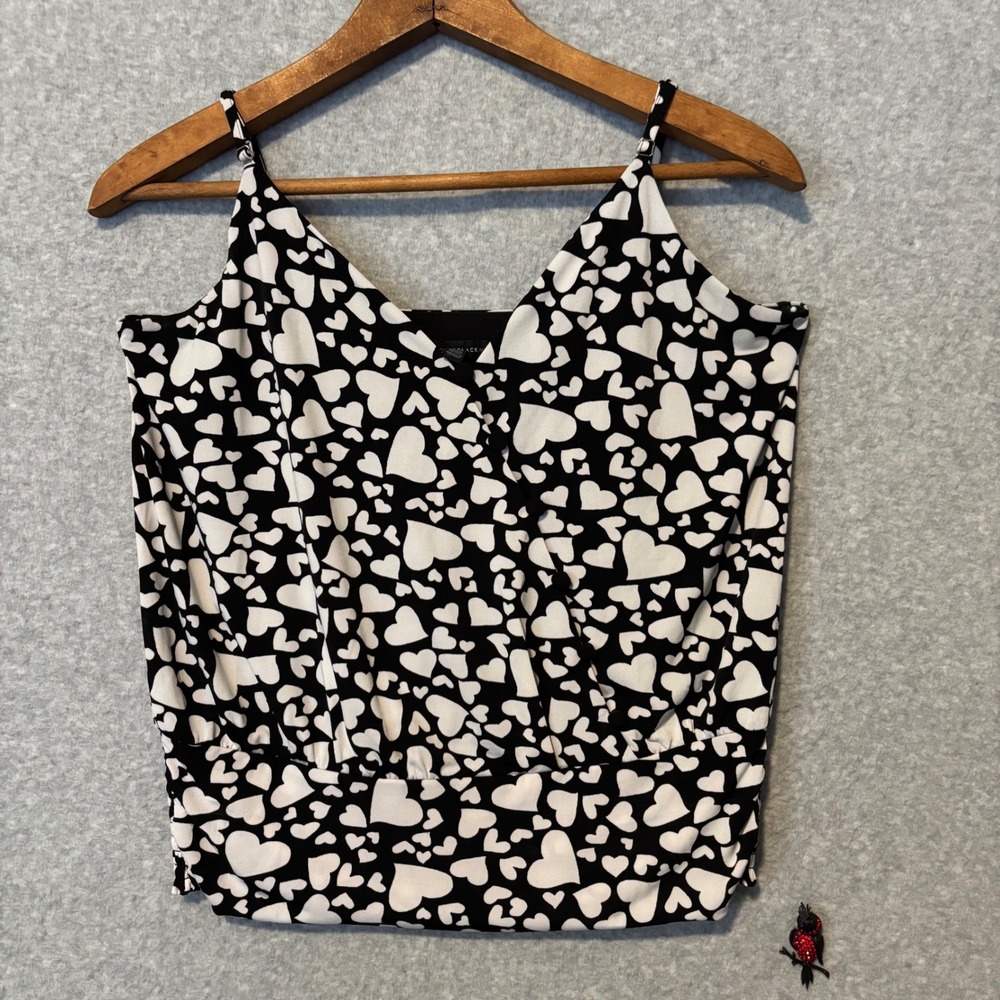White House Black Market Women's Small Heart Print Smocked Cami Top Black Y2K